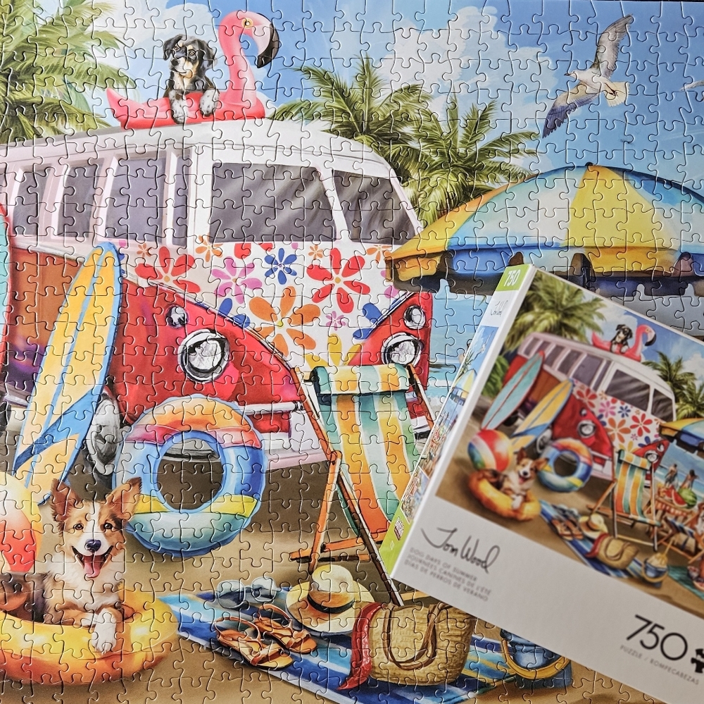 Colorful Beach Puzzle with Surfboards and Dog 750 Piece